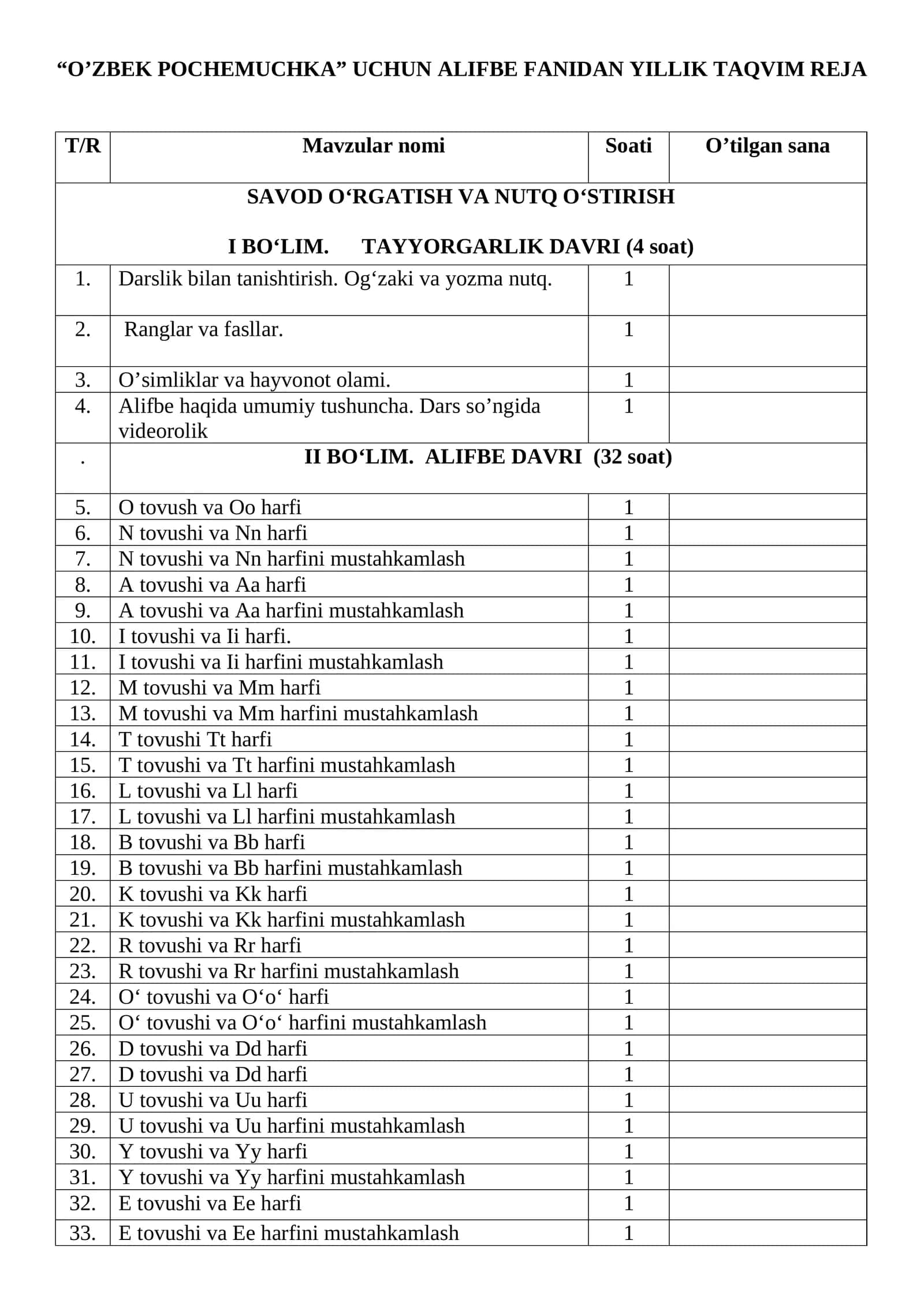 ALIFBE FANIDAN YILLIK TAQVIM REJA