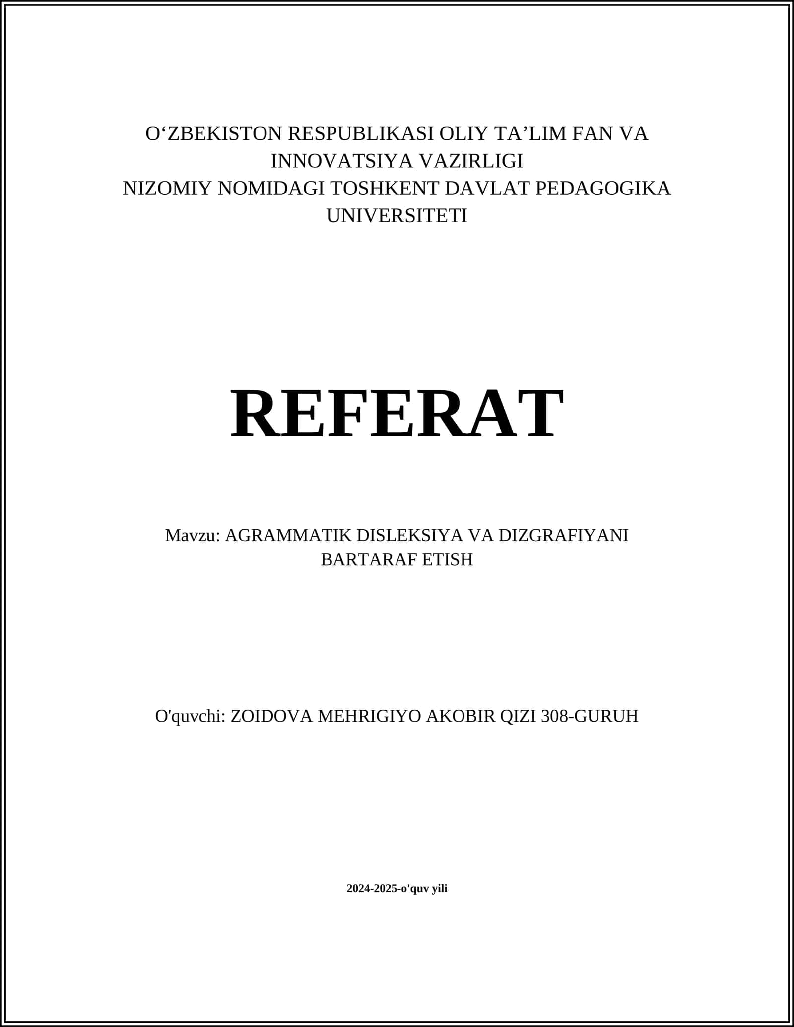 AGRAMMATIK DISLEKSIYA VA DIZGRAFIYANI BARTARAF ETISH