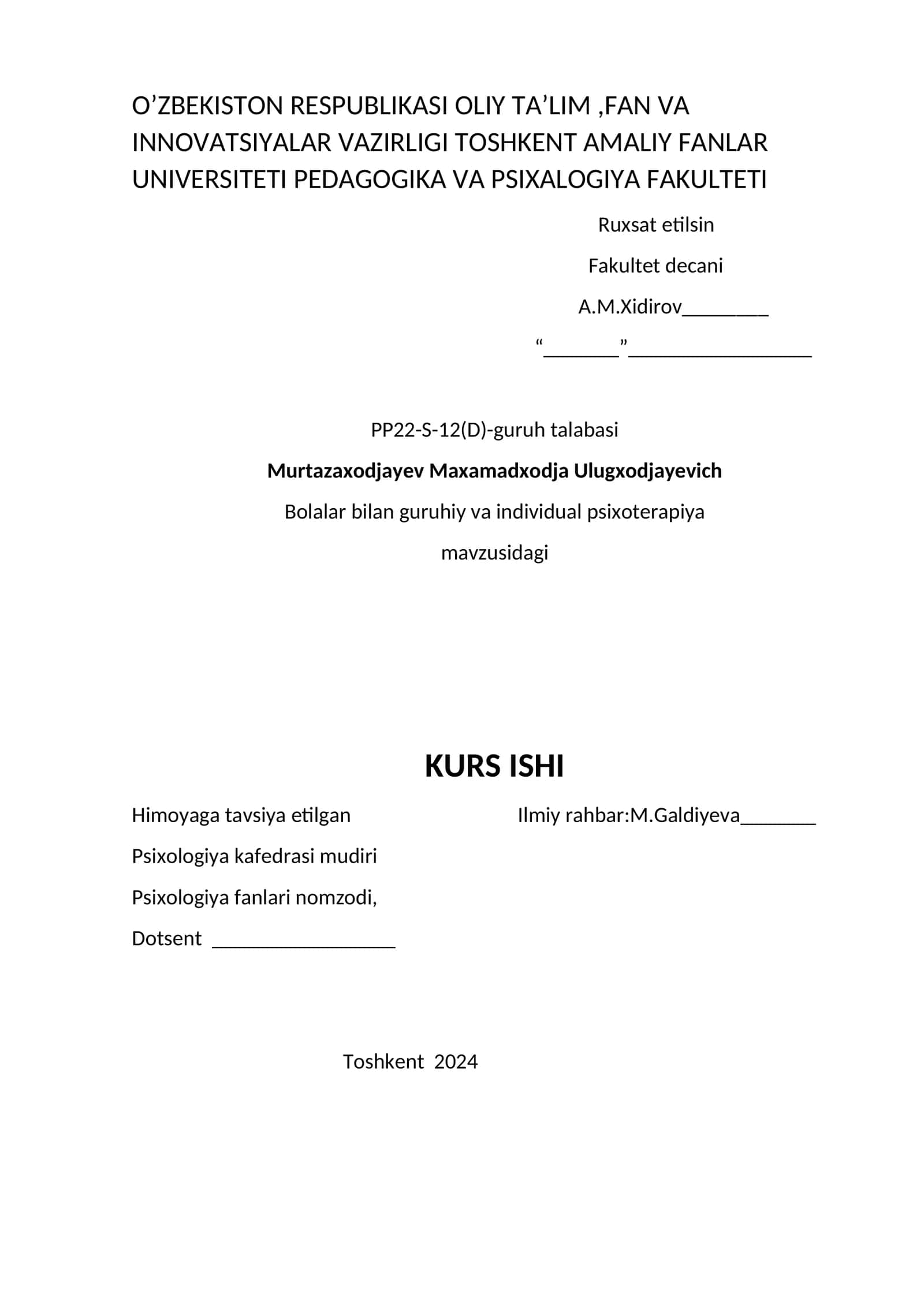 Bolalar bilan guruhiy va individual psixoterapiya kurs ishi
