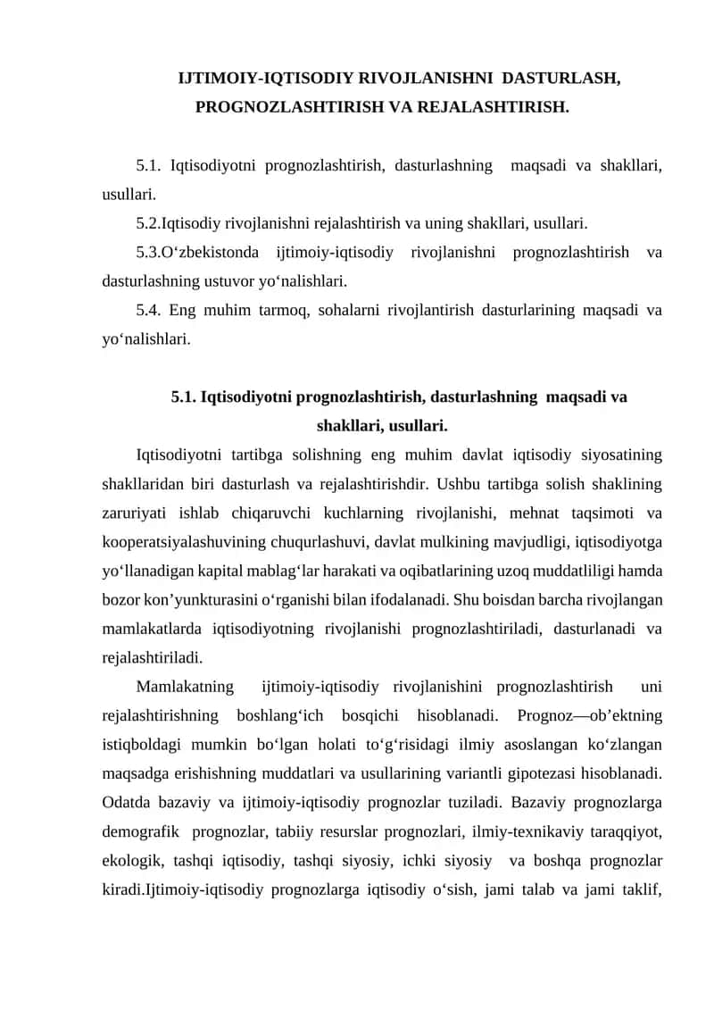 IJTIMOIY-IQTISODIY RIVOJLANISHNI DASTURLASH, PROGNOZLASHTIRISH VA REJALASHTIRISH