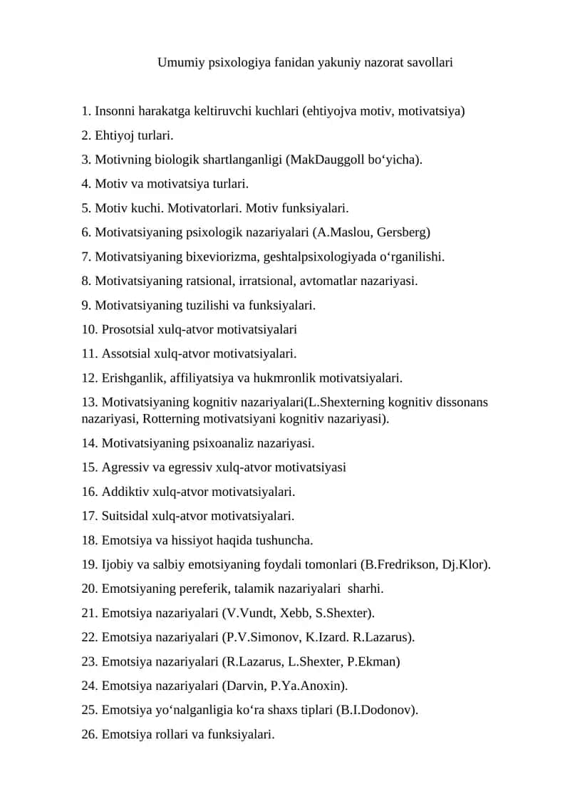 Umumiy psixologiya fanidan yakuniy nazorat savollari