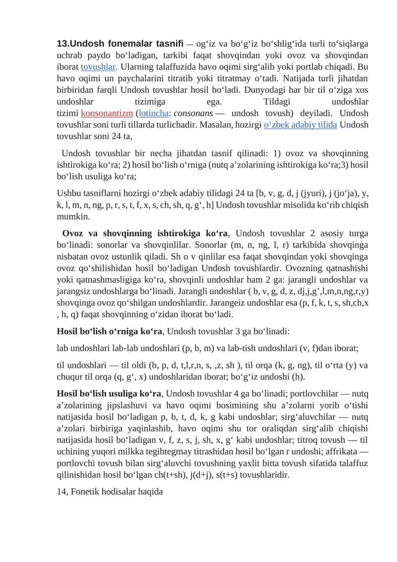 Undosh fonemalar tasnifi
