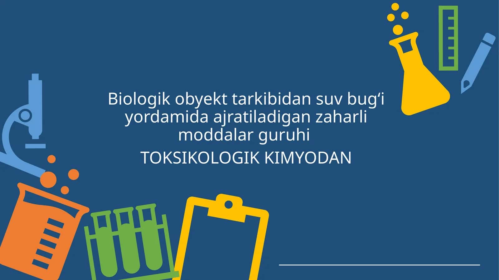 Biologik obyektlar kibidagi suv bug‘iyordamida ajratiladigan zaharli moddalarni toksikologik kimyodan
