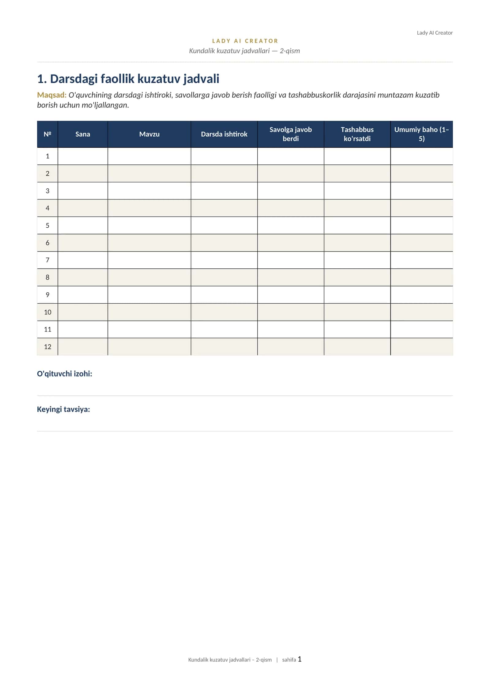 Kundalik kuzatuv jadvallari — 2-qism | O'qituvchilar va ota-onalar uchun (10 ta printable jadval)