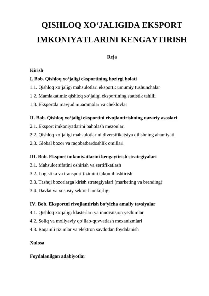 QISHLOQ XO‘JALIGIDA EKSPORT IMKONIYATLARINI KENGAYTIRISH