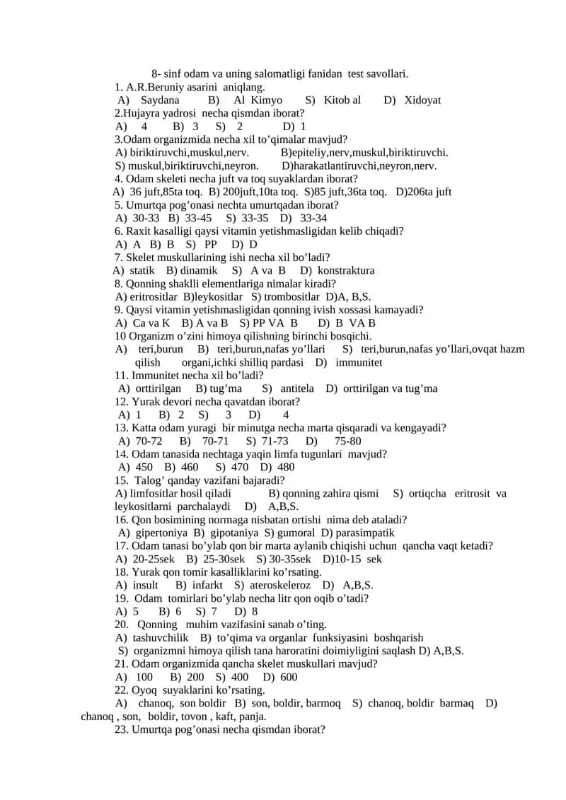 8- sinf odam va uning salomatligi fanidan test savollari