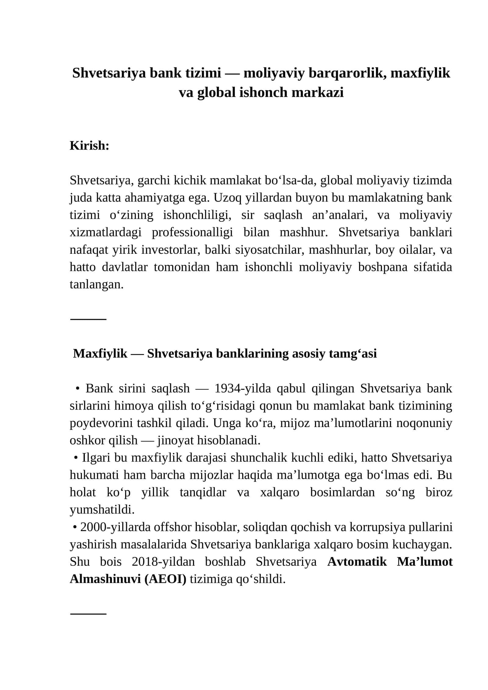 Shvetsariya bank tizimi
