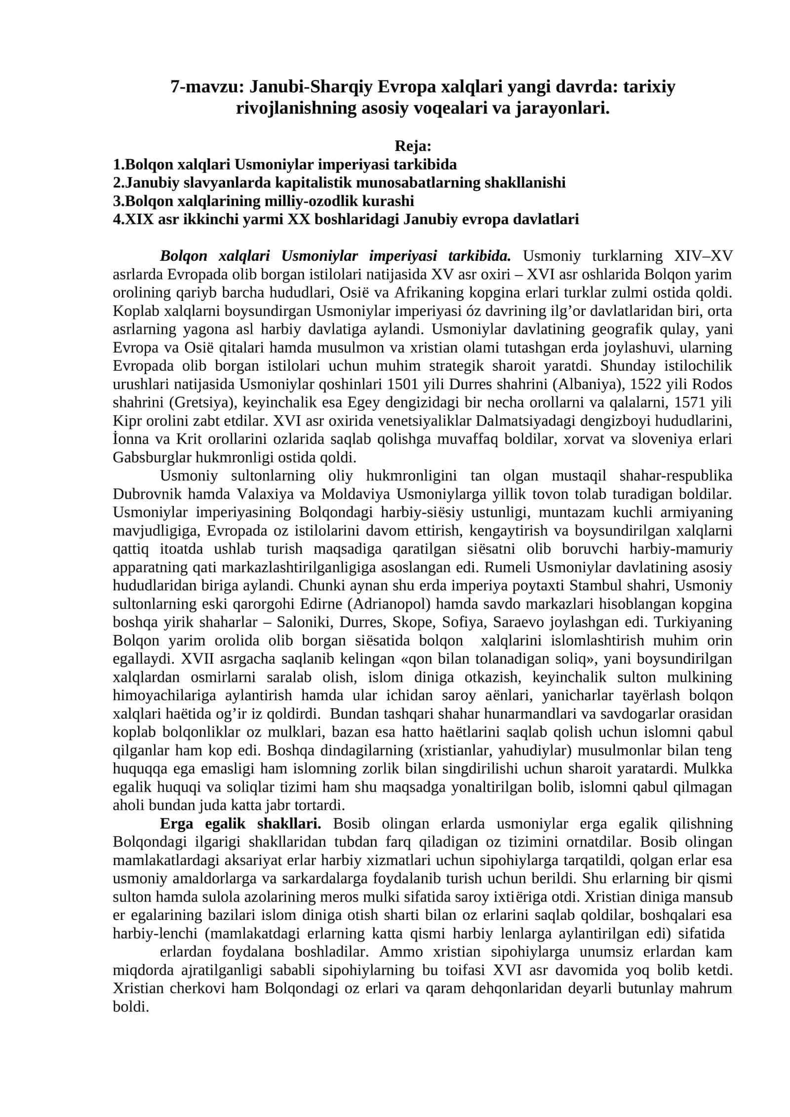 Janubi-Sharqiy Evropa xalqlari yangi davrda: tarixiy rivojlanishning asosiy voqealari va jarayonlari