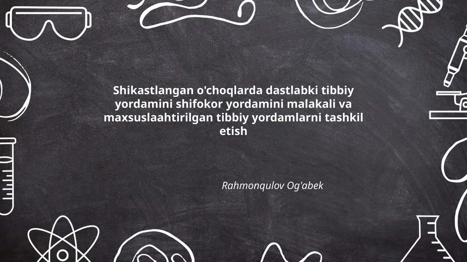 Shikastlangan o'choqlarda dastlabki tibbiy yordamini shifokor yordamini malakali va maxsuslaahtirilgan tibbiy yordamlarni tashkil etish