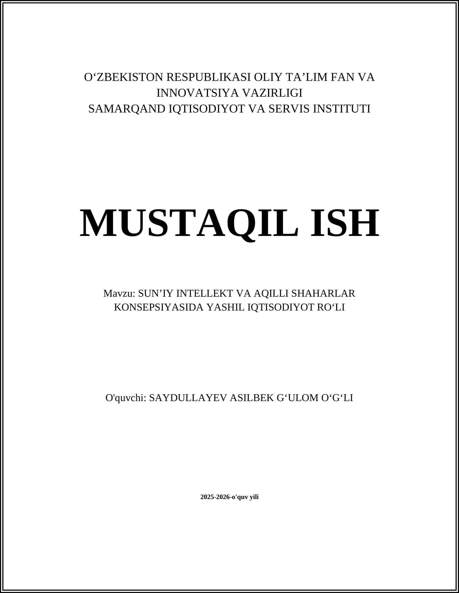SUNʼIY INTELLEKT VA AQILLI SHAHARLAR KONSEPSIYASIDA YASHIL IQTISODIYOT ROʻLI
