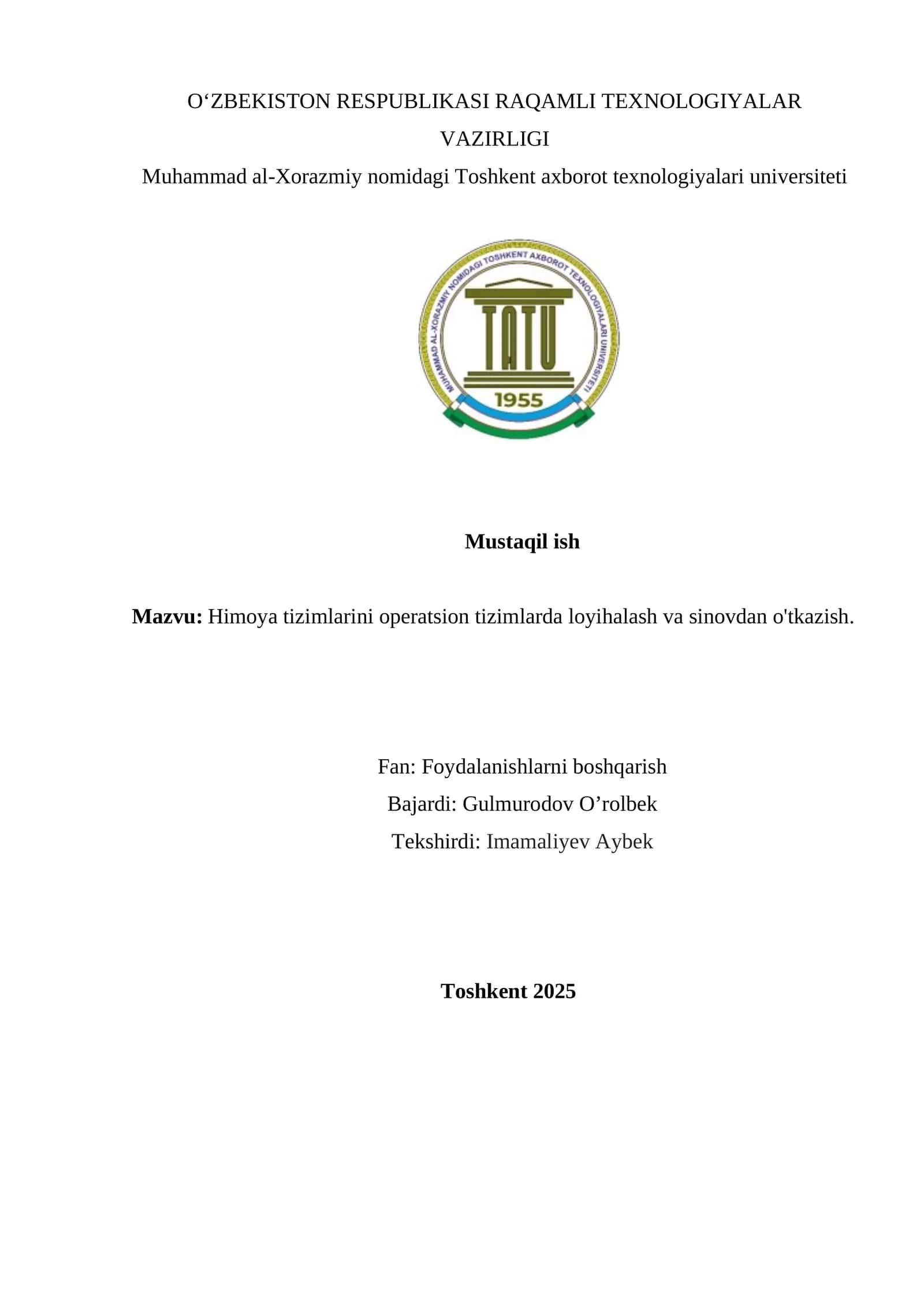 Operatsion tizimlarda himoya tizimlarini operatsion tizimlarda loyihalash va sinovdan o'tkazish