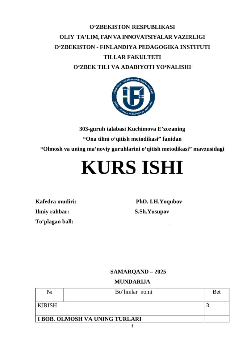 Olmosh va uning ma'noviy guruhlarini o'qitish metodikasi