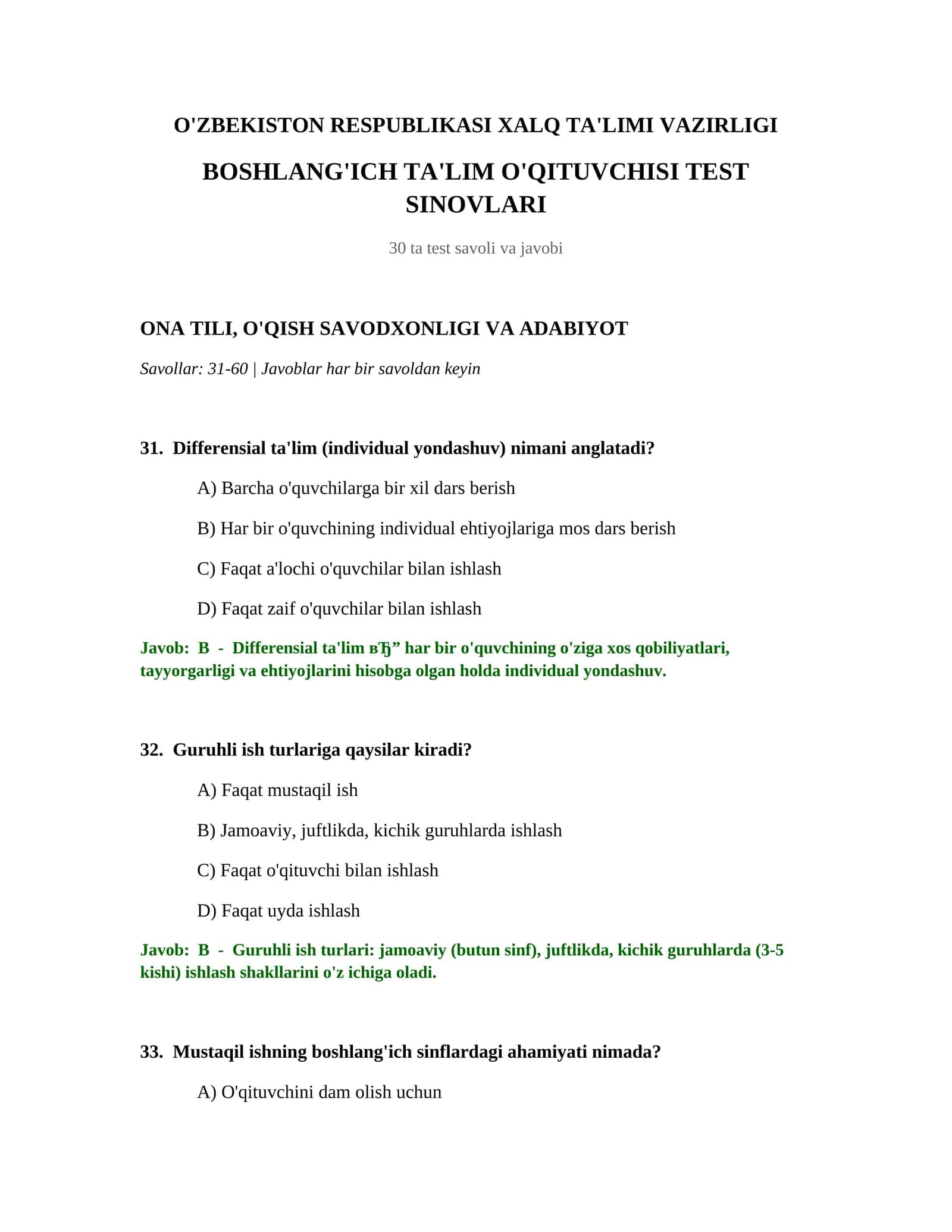 BOSHLANG'ICH TA'LIM O'QITUVCHISI TEST SINOVLARI